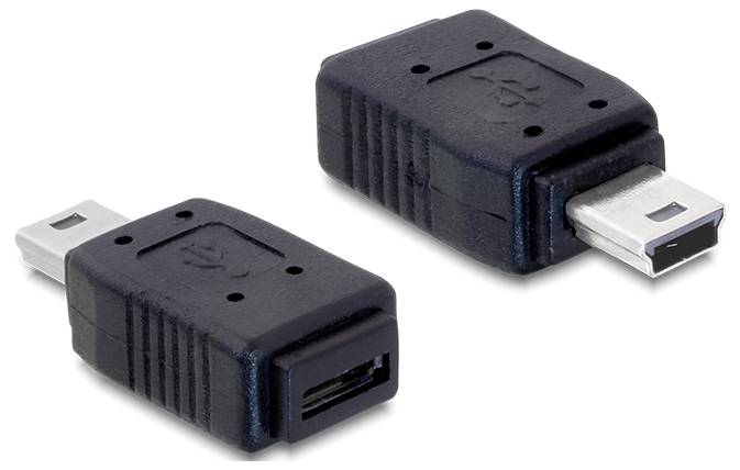 Deux adaptateurs USB mini noirs, l'un avec une connexion mâle et l'autre avec une connexion femelle, sur un fond blanc.