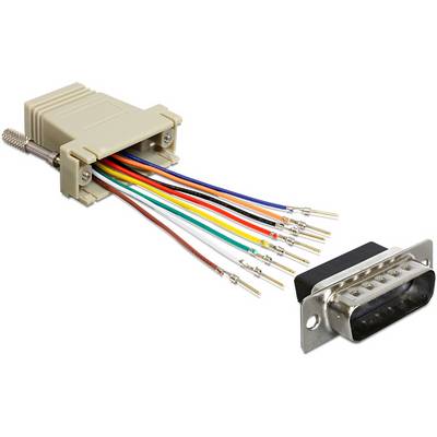 Une fiche VGA avec un boîtier de connexion beige ouvert, montrant plusieurs fils colorés qui dépassent du boîtier.