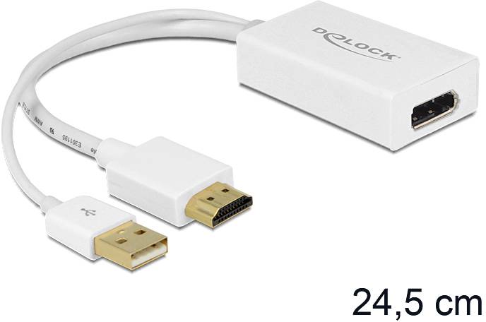 'Câble adaptateur avec ports HDMI et USB, longueur 24,5 cm, offrant la connectivité entre différents appareils.'