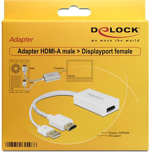 Emballage de produit jaune d'un adaptateur avec une fiche HDMI-A vers une prise DisplayPort, marque Delock, illustration de l'adaptateur et schéma d'application.