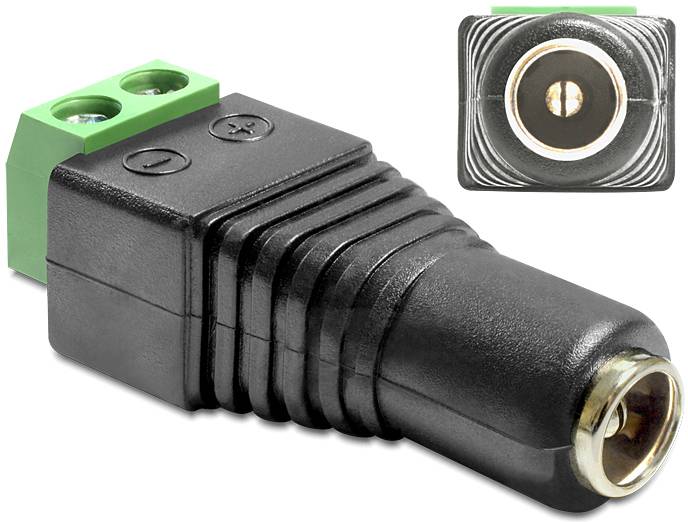 Adaptateur à fiche DC : Un adaptateur noir relie une fiche DC creuse à un bloc de connexion vert pour des connexions électriques.
