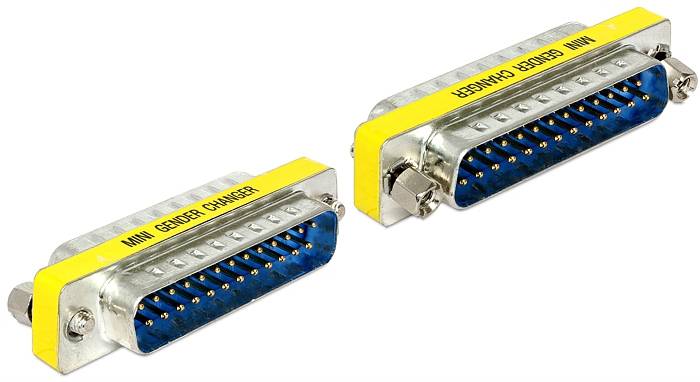 Deux adaptateurs de genre mini bleus avec une bande jaune et un boîtier métallique, utilisés pour s'adapter entre différents types de connecteurs.