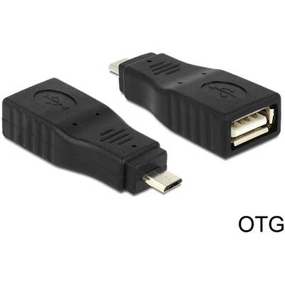 Deux adaptateurs OTG noirs avec connexion USB, l'un montrant la face avant avec la fiche, l'autre la face arrière avec le port.