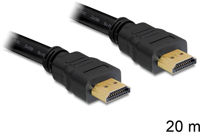 'Câble HDMI, noir, 20 mètres, avec connecteurs dorés, pour transmission audio et vidéo de haute qualité.'