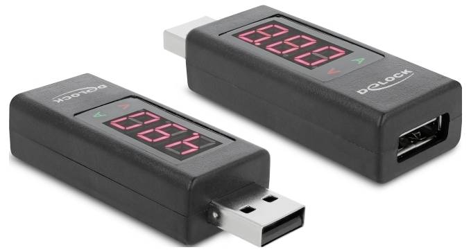 Deux multimètres numériques USB avec affichage LED pour la tension et l'intensité du courant. Un appareil indique '0.64' et l'autre '0.00'.