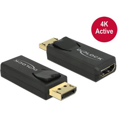Adaptateur DisplayPort de Delock, avec une connexion HDMI visible. Marquage rouge portant la mention « 4K Active ».