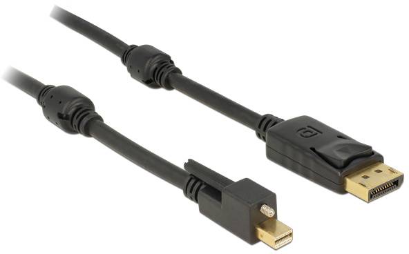 Un câble noir avec une fiche Mini DisplayPort et une fiche DisplayPort. Adapté pour connecter des ordinateurs à des écrans.