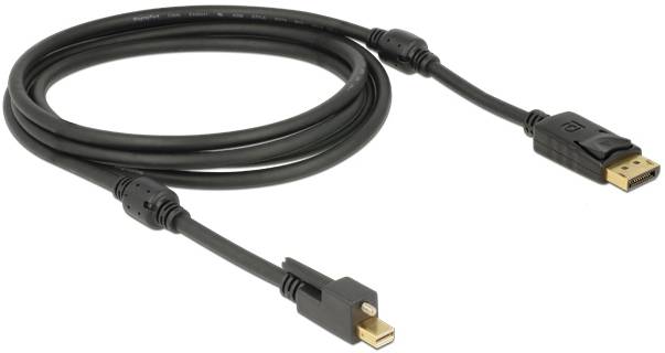 Un câble noir mini DisplayPort vers DisplayPort pour connecter des ordinateurs à des écrans, reconnaissable à ses connecteurs dorés.