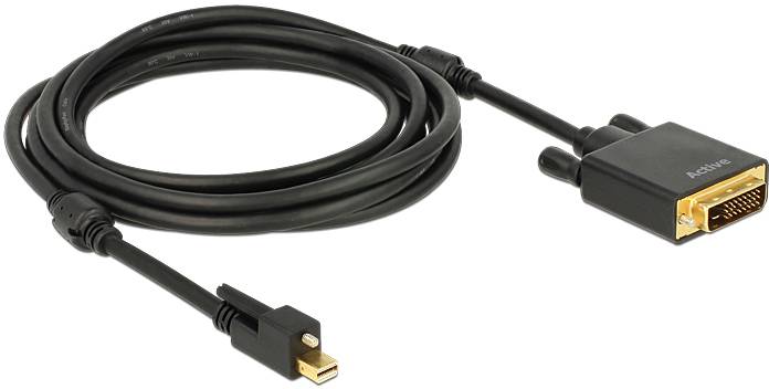 Un câble noir DisplayPort vers DVI, adapté pour connecter des écrans à des ordinateurs, doté d'un connecteur de couleur or.