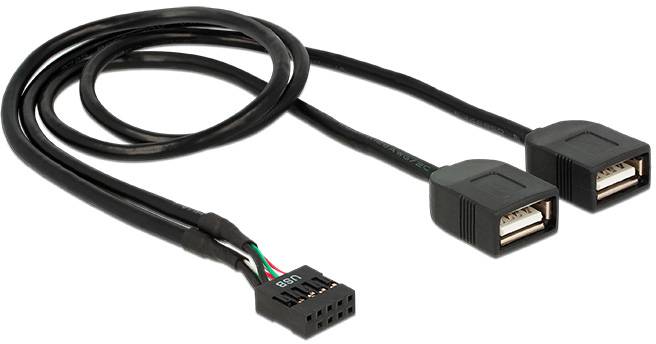 Un câble USB Y noir relie un connecteur mâle à 9 broches à deux ports USB, permettant de connecter deux appareils à une seule source.