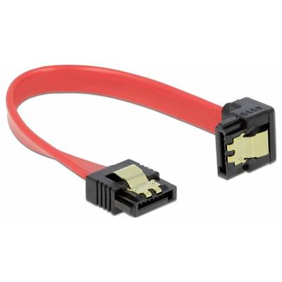 Câble de données SATA rouge avec connecteurs en plastique noir à chaque extrémité, représenté sous forme courbée.