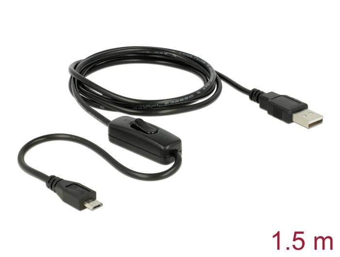 Delock Câble USB USB 2.0 USB-A mâle, USB-Micro-B mâle 1.50 m noir avec interrupteur On/Off 84803