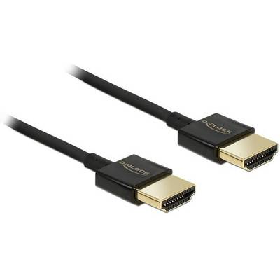 Deux câbles HDMI noirs avec des connecteurs dorés de Delock, sont placés parallèlement côte à côte.