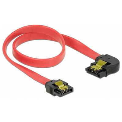 Un câble SATA rouge avec une fiche coudée et une fiche droite, utilisé pour connecter des supports de stockage internes dans les ordinateurs.