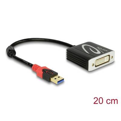 Adaptateur USB vers DVI avec câble de 20 cm. L'adaptateur a un boîtier noir avec sortie DVI et connecteur USB rouge.