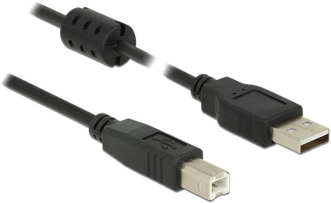 Deux câbles USB, l'un avec une fiche USB-A et l'autre avec une fiche USB-B, de couleur noire, sur un fond blanc.