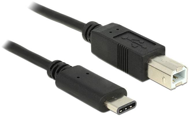 Câble USB-C vers USB-B en noir. L'extrémité supérieure présente le connecteur USB-B rectangulaire, l'extrémité inférieure le connecteur USB-C ovale.