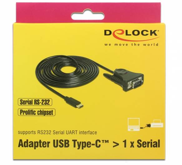 Emballage d'un adaptateur Delock : USB Type-C vers 1 x Serial RS-232. Prend en charge l'interface Serial UART, chipset Prolific.