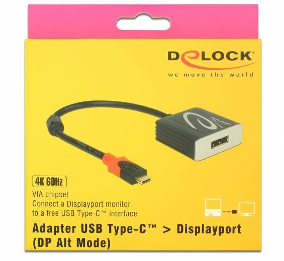 Emballage jaune d'un adaptateur Delock USB Type-C vers DisplayPort, prenant en charge 4K 60Hz. Comprend une brève description et le logo de la marque.