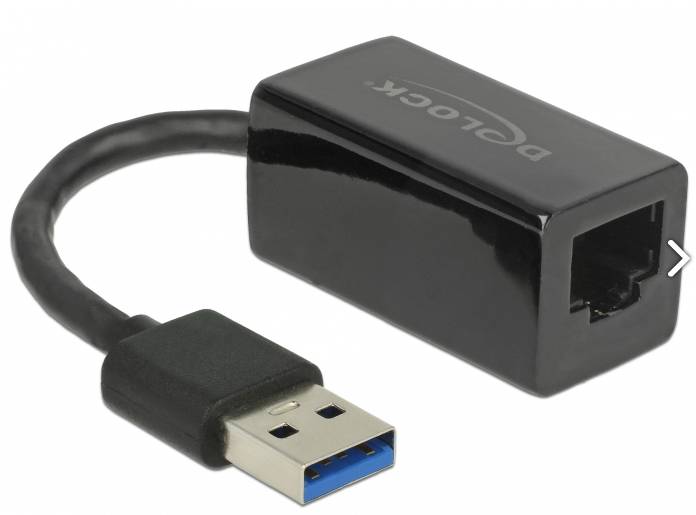 Adaptateur USB noir avec connecteur USB d'un côté et port Ethernet de l'autre, adapté aux connexions réseau.