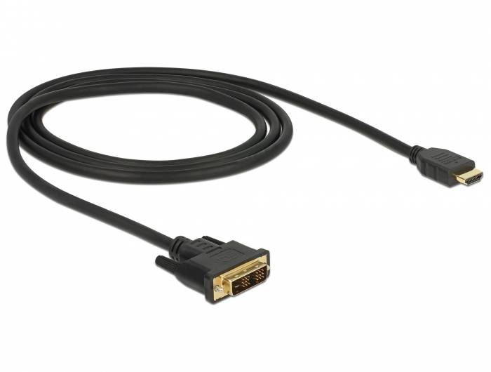 Un câble noir avec une fiche HDMI à une extrémité et une fiche DVI à l'autre extrémité sur un fond blanc.