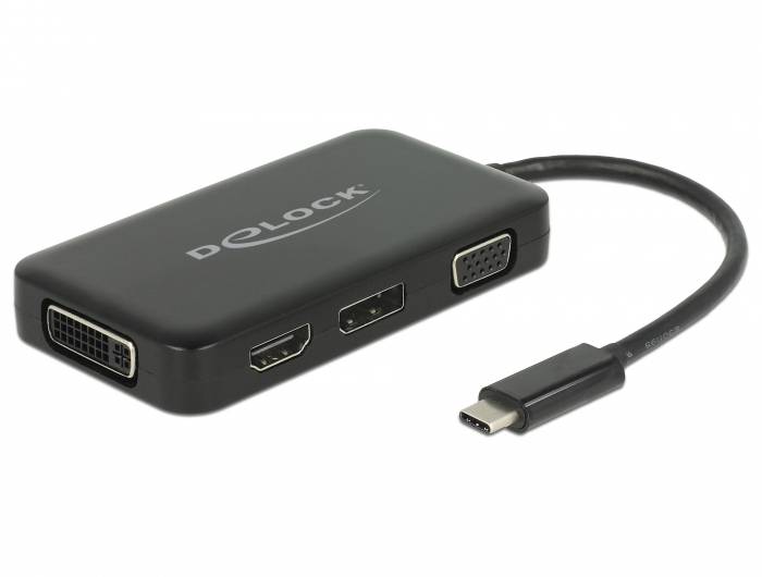 Un adaptateur USB-C avec ports : HDMI, DisplayPort, VGA et DVI. L'adaptateur est noir et portable.