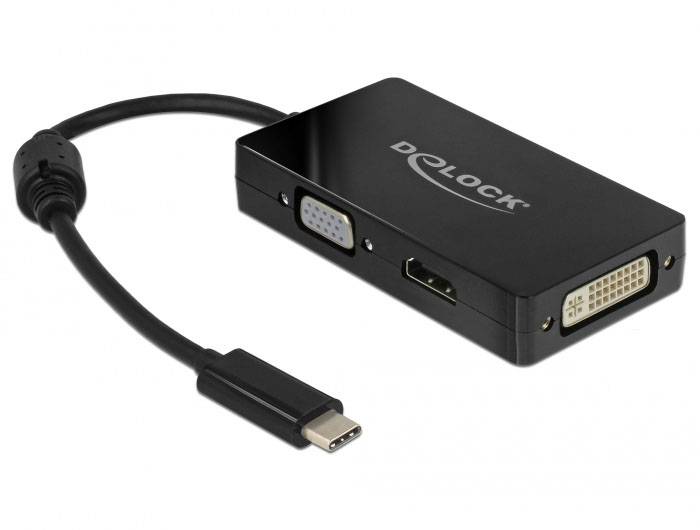 Un adaptateur noir avec une fiche USB-C et différentes sorties : VGA, HDMI et DVI, de la marque Delock.