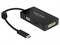 Un adaptateur noir avec une fiche USB-C et différentes sorties : VGA, HDMI et DVI, de la marque Delock.