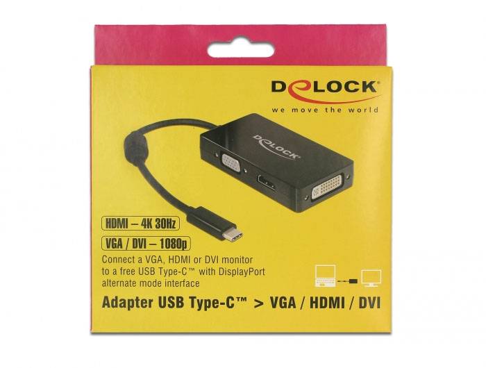 Un emballage contenant un adaptateur Delock qui convertit USB Type-C en VGA, HDMI et DVI. Prend en charge HDMI en 4K à 30 Hz.