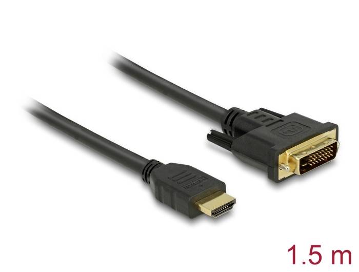Câble noir HDMI vers DVI, long de 1,5 mètres. Connecteur HDMI à gauche, connecteur DVI à droite. Adapté aux connexions vidéo.