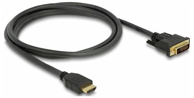Un câble noir avec une fiche HDMI d'un côté et une fiche DVI de l'autre, pour connecter des sources vidéo.
