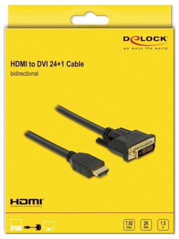 Deux câbles avec des connecteurs HDMI et DVI sur un fond jaune. Texte : « Câble HDMI vers DVI 24+1, bidirectionnel ». Marque : Delock.