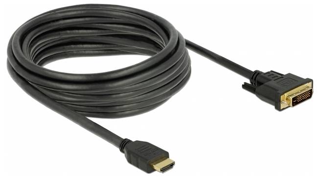 Un câble noir DVI vers HDMI, adapté pour connecter un ordinateur et un moniteur ou un téléviseur pour la transmission vidéo.