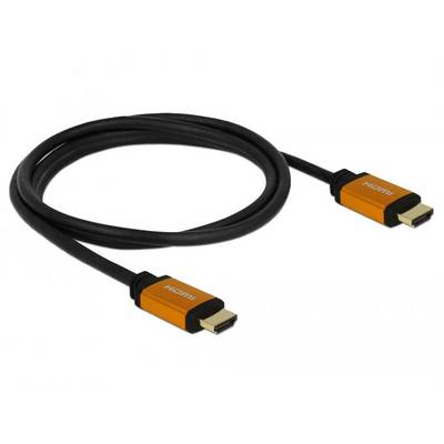 Un câble HDMI noir avec des connecteurs orange, posé sur un fond blanc. Le connecteur HDMI est clairement visible.