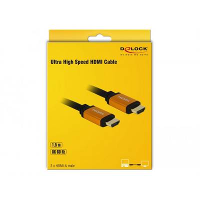 Emballage d'un câble HDMI Ultra Haute Vitesse de 1,5 m de Delock, prenant en charge 8K à 60 Hz, avec deux fiches HDMI-A.