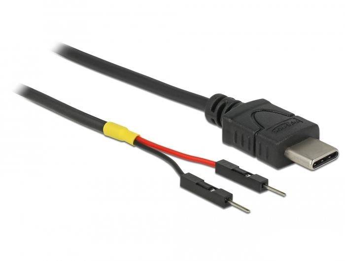 Câble adaptateur USB-C avec connecteurs, un câble noir avec une section jaune et deux extrémités de connecteurs en rouge et noir.