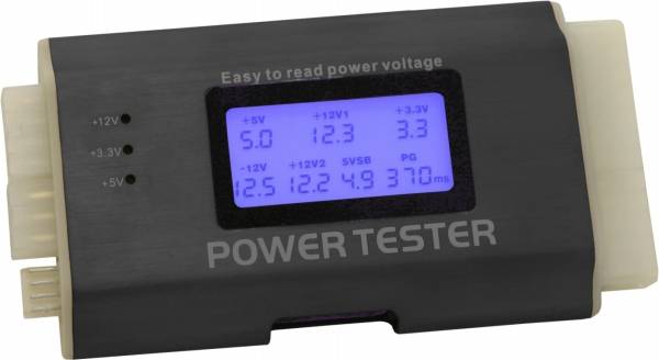 Le 'Power Tester' affiche les mesures de tension sur un écran rétroéclairé en bleu. Les valeurs de +5V, +12V, +3.3V et -5V sont visibles.
