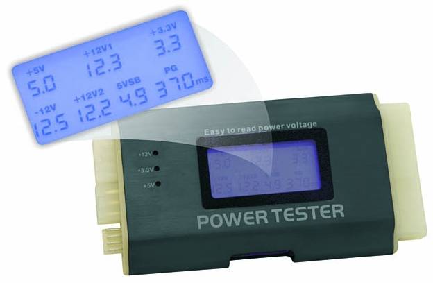 Le 'Power Tester' affiche différentes tensions avec les valeurs : +5V, +12V1, +3.3V, +12V2, -12V. Écran affiché sur l'appareil de test.
