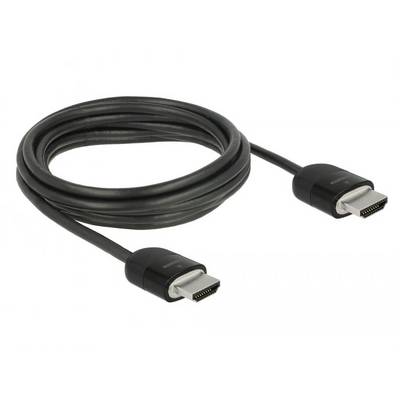 Câble HDMI noir avec deux connecteurs, enroulé. Utilisé pour connecter des appareils tels que des téléviseurs et des ordinateurs pour la transmission de signaux audio et vidéo.