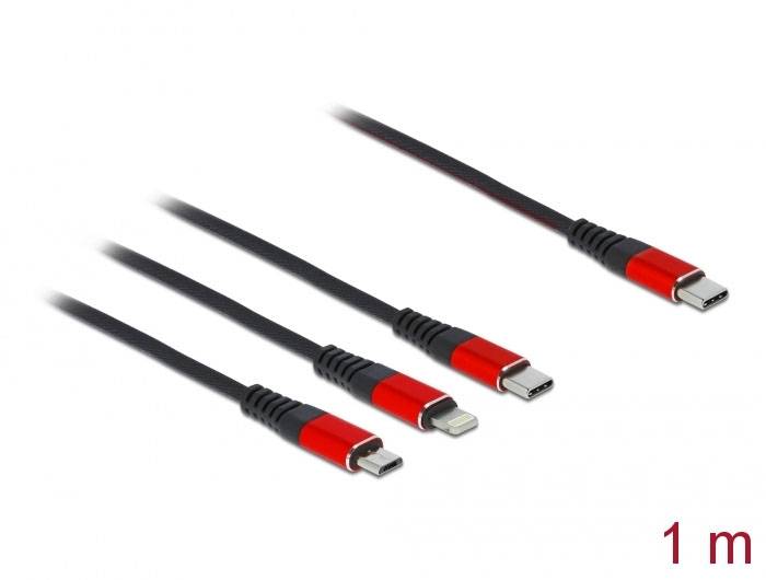 Quatre câbles de charge différents avec des connecteurs USB-C, Lightning et Micro-USB de couleur noir et rouge, d'une longueur de 1 mètre.
