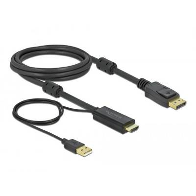 Un câble noir DisplayPort vers HDMI avec câble d'alimentation USB. Adapté pour connecter un ordinateur à un moniteur ou un téléviseur.