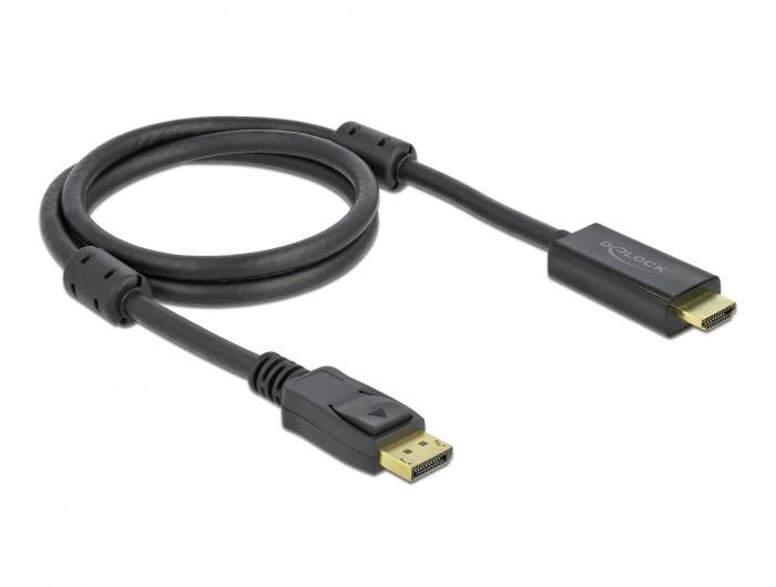 Un câble noir HDMI-DisplayPort avec deux connecteurs, l'un pour HDMI et l'autre pour DisplayPort, est enroulé.