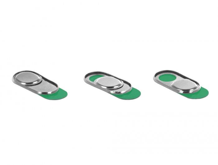 Trois cache-webcams métalliques avec des curseurs verts, illustrant comment le couvercle peut être ouvert et fermé.