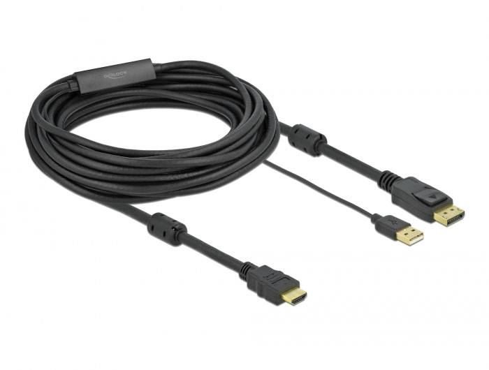 Un long câble HDMI noir avec deux connecteurs différents : HDMI et USB. Adapté pour la connexion d'appareils.
