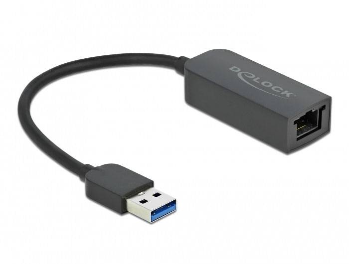 Un adaptateur USB 3.0 vers RJ45 de Delock, permettant de connecter des câbles réseau à des appareils dépourvus de port Ethernet intégré.