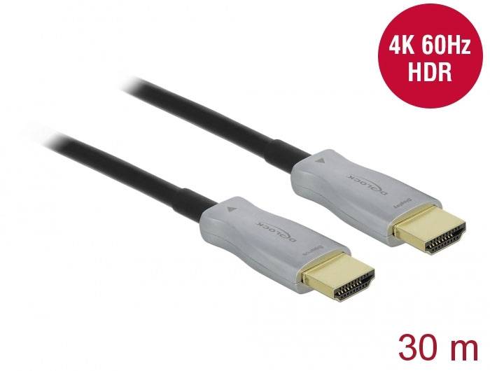 Câble HDMI avec deux fiches ; compatible 4K, 60 Hz et HDR ; longueur 30 mètres.