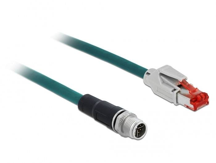 'Câble industriel avec connecteur RJ45 vert et connecteur M12 noir, conçu pour des applications réseau robustes dans des environnements industriels.'