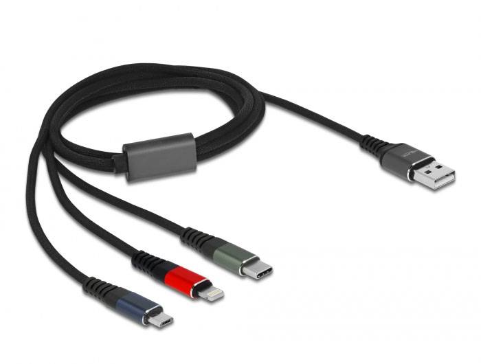 Un câble noir avec trois connecteurs différents : USB-C, Lightning et Micro-USB. Adapté pour charger divers appareils.