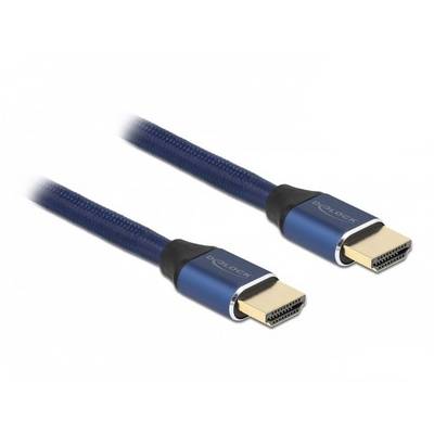 Deux câbles HDMI identiques avec des connecteurs bleus et des contacts dorés sont représentés côte à côte. Ils possèdent un câble tressé.