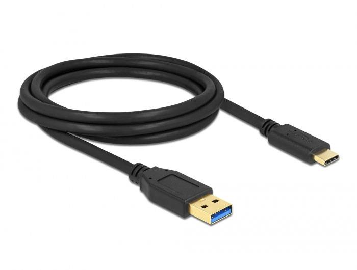 Un câble USB noir avec une fiche USB-A à une extrémité et une fiche USB-C à l'autre extrémité.